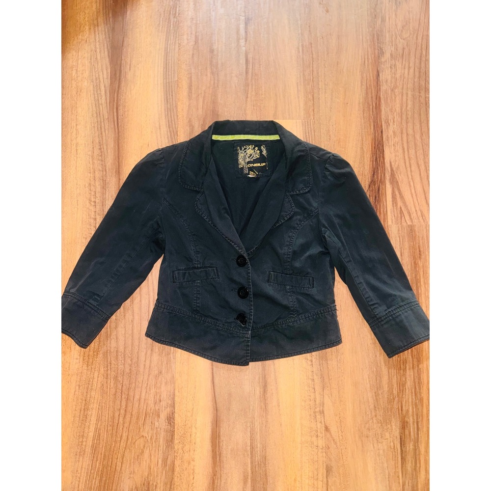 O'Neill Womens Black Cotton Cropped Blazer Jacket 3/4 Sleeve Size Medium